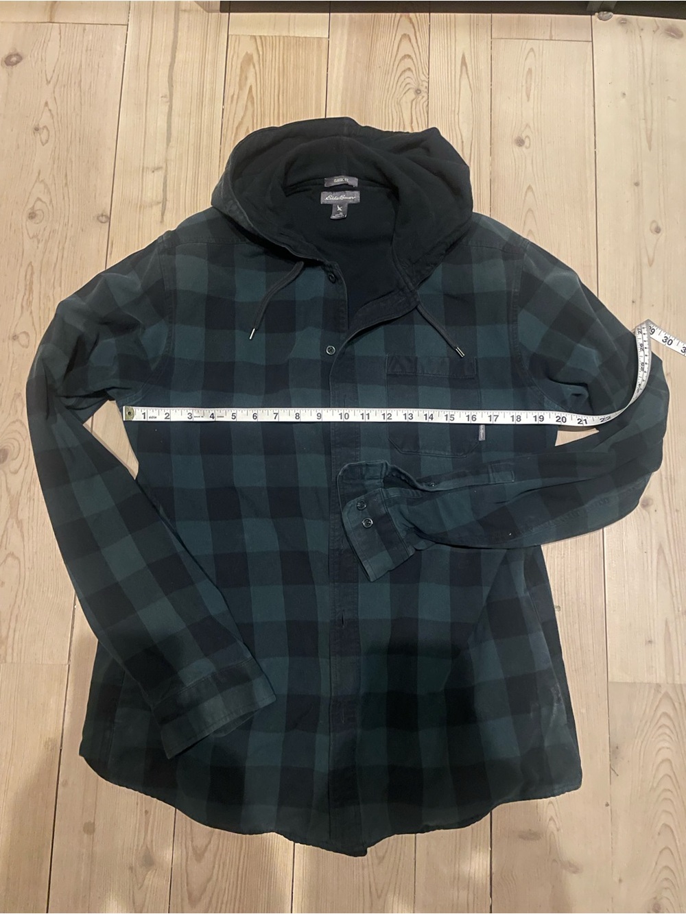 Eddie Bauer Black and Dark Green Plaid Hooded Shirt Jacket